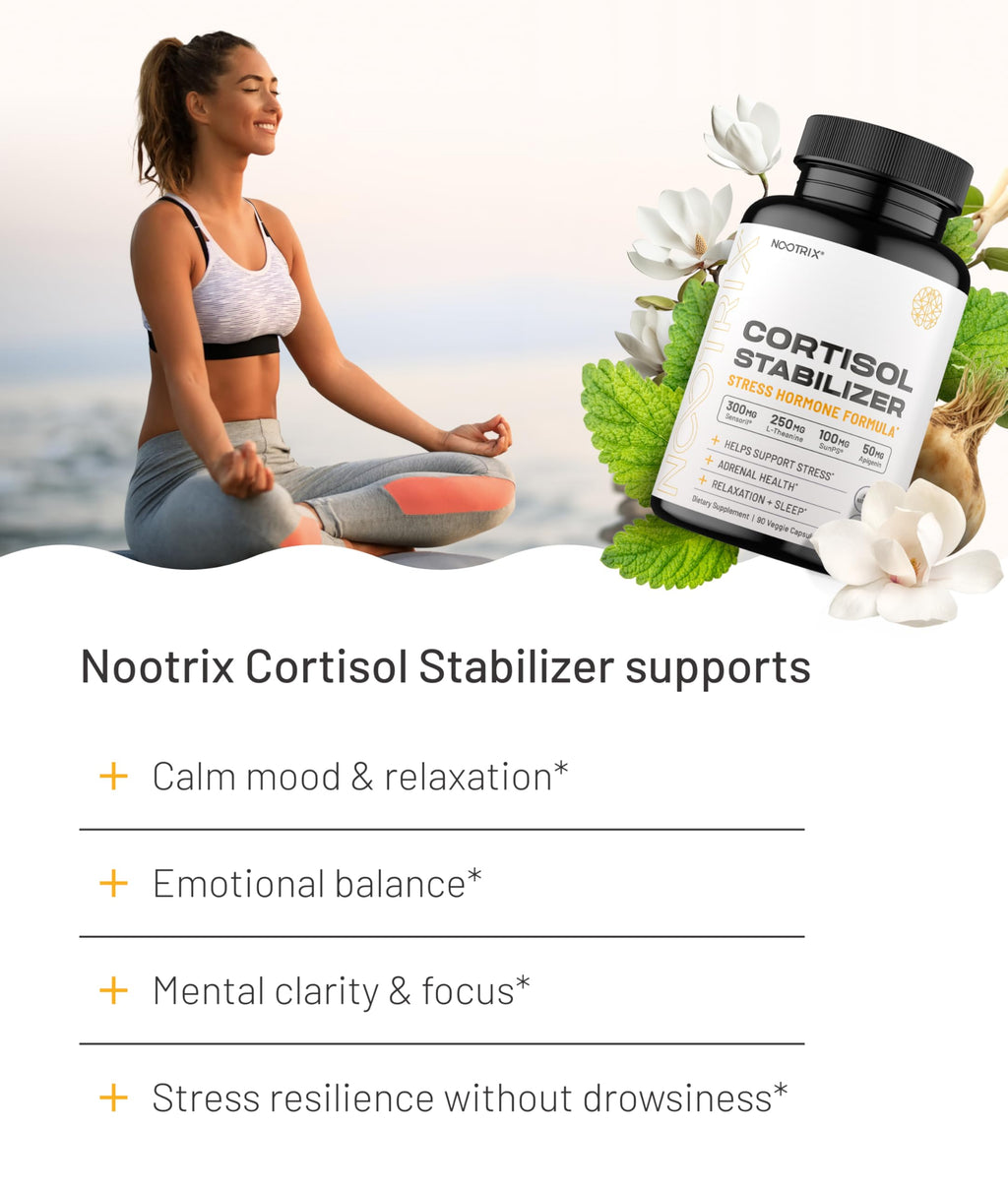 Nootrix Cortisol Manager & Stabilizer Supplement | 45 Day Supply | Supports Deep Sleep, Relaxation, Adrenal Health & Stress | 300mg Ashwagandha | L-Theanine, Rhodiola Rosea Extract & Apigenin