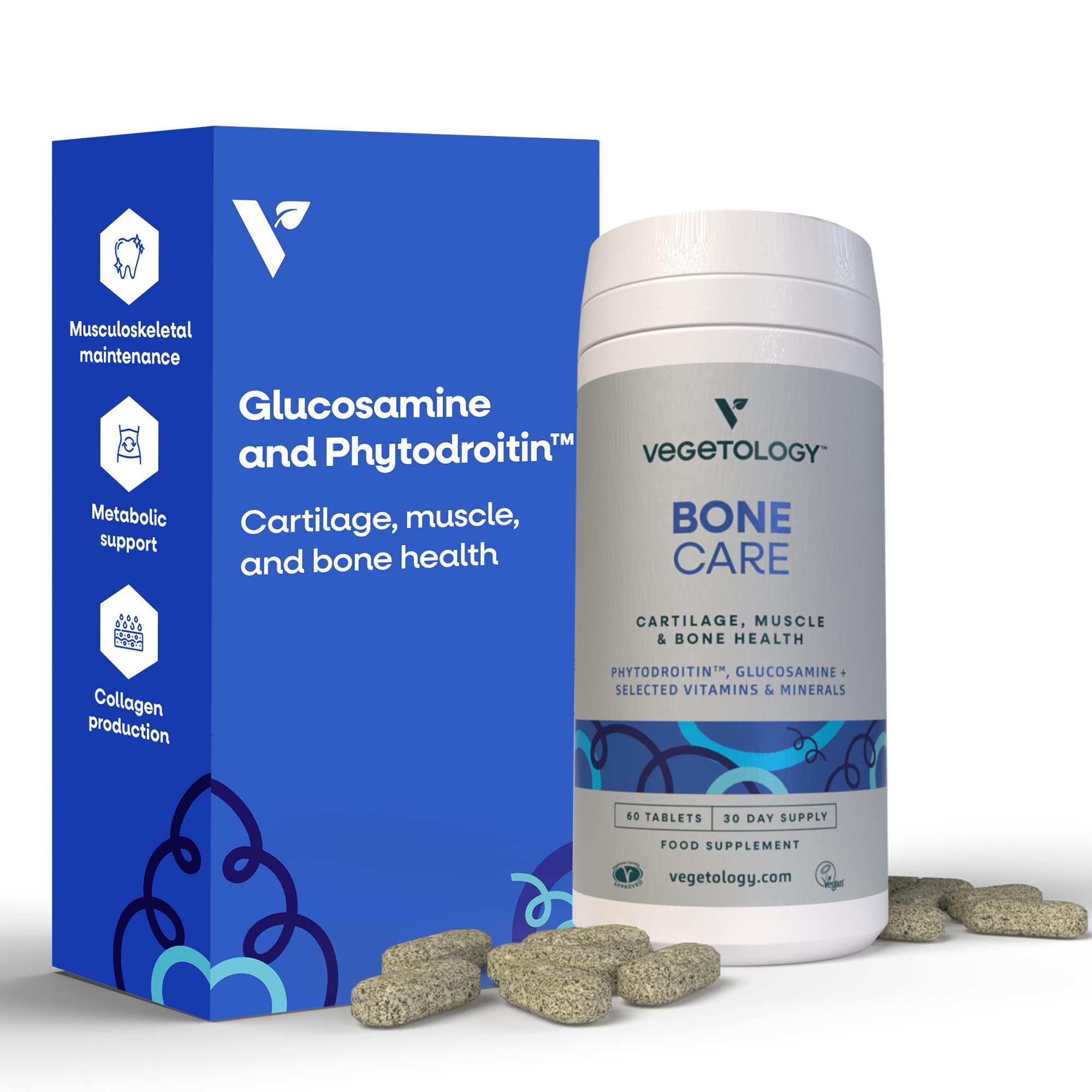 VEGETOLOGY Bone Care Bone Health Supplements - Phytodroitin, Glucosamine, Vitamin D3 K2 & Calcium Supplement – Cartilage, Muscle & Joint Support Supplement – Vegan Bone Strength (60 Count)