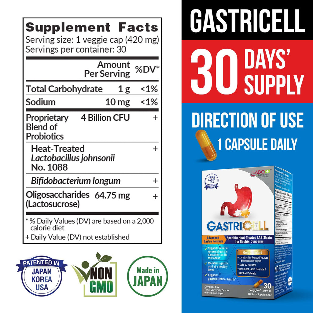 LABO Nutrition GASTRICELL Postbiotic Formula with Patented Lactobacillus johnsonii No. 1088 & Bifidobacterium longum for Digestive Health and Gut Microbiome Support – 30 Capsules
