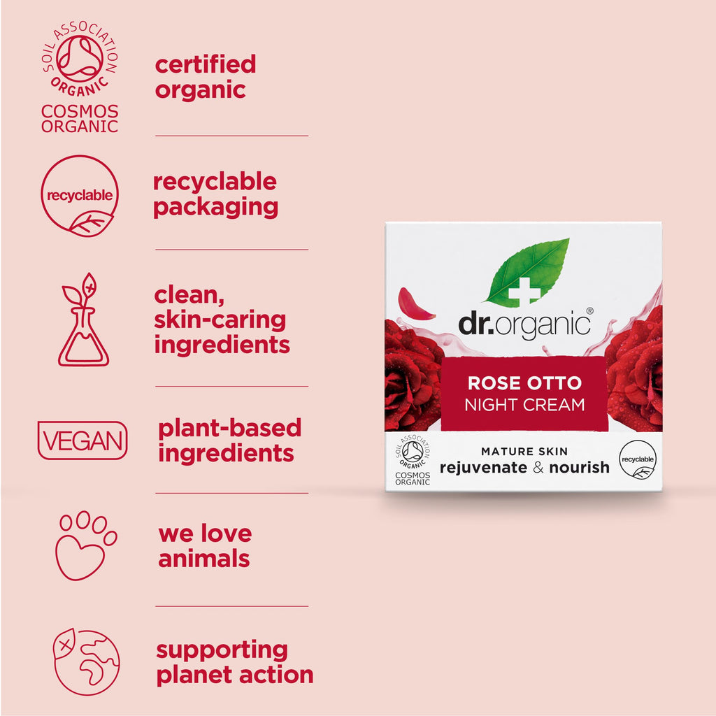 Dr Organic Rose Otto Night Cream, Moisturising, Healthy-Aging, Wrinkles, Natural, Vegan, Cruelty-Free, Paraben & SLS-Free, Recycled & Recyclable, Certified Organic, 50ml, Packaging may vary