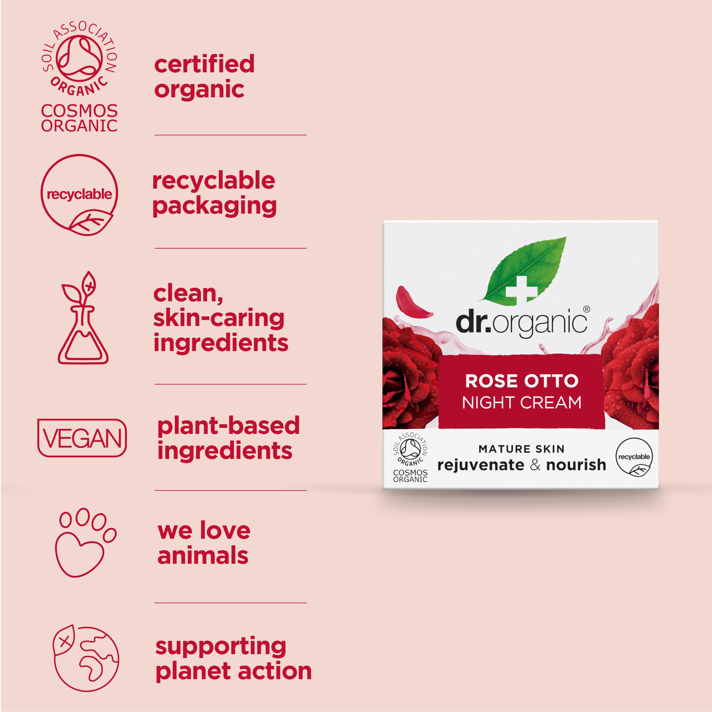 Dr Organic Rose Otto Night Cream, Moisturising, Healthy-Aging, Wrinkles, Natural, Vegan, Cruelty-Free, Paraben & SLS-Free, Recycled & Recyclable, Certified Organic, 50ml, Packaging may vary