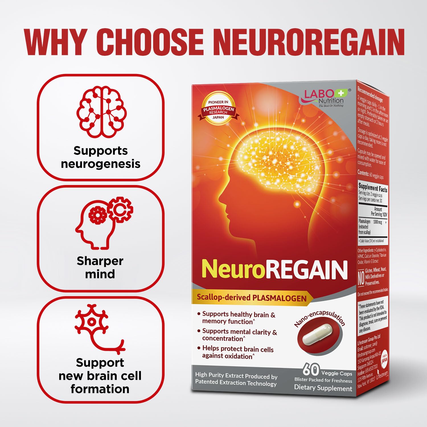 LABO Nutrition NeuroREGAIN - Scallop-derived PLASMALOGEN for Brain Deterioration, Memory, Alertness, Learning, Concentration and Other Cognitive Functions – Suitable for Seniors, Adult Men & Women