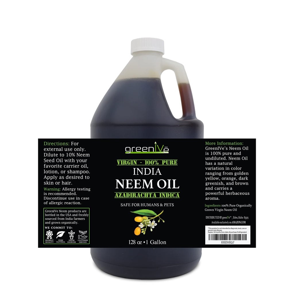 GreenIVe 100% Pure Neem Oil Bulk Size Cold Pressed Virgin Unrefined Hexane Free Natural Plant Based Non-GMO Hair & Skin Care - Nail Cuticle, Pet, Plant Care Gallon Bulk 128 fl oz 1 Gallon