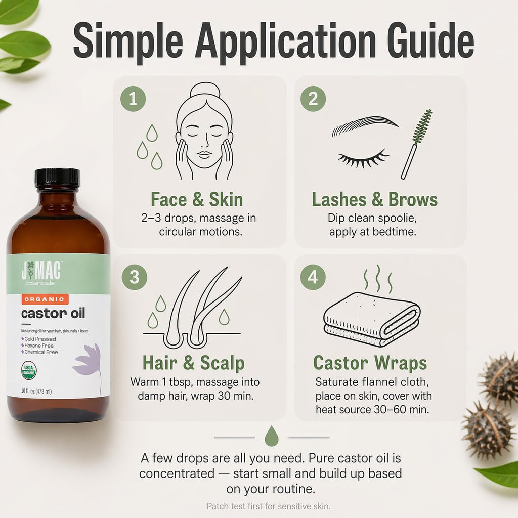 J MAC BOTANICALS Organic Castor Oil Cold Pressed in Amber Glass Bottle (4oz, NO DROPPER) USDA Certified, Hexane Free - Moisturizing Oil for Hair, Skin, Face, Eyelashes, Brows, Nails, and Castor Wraps