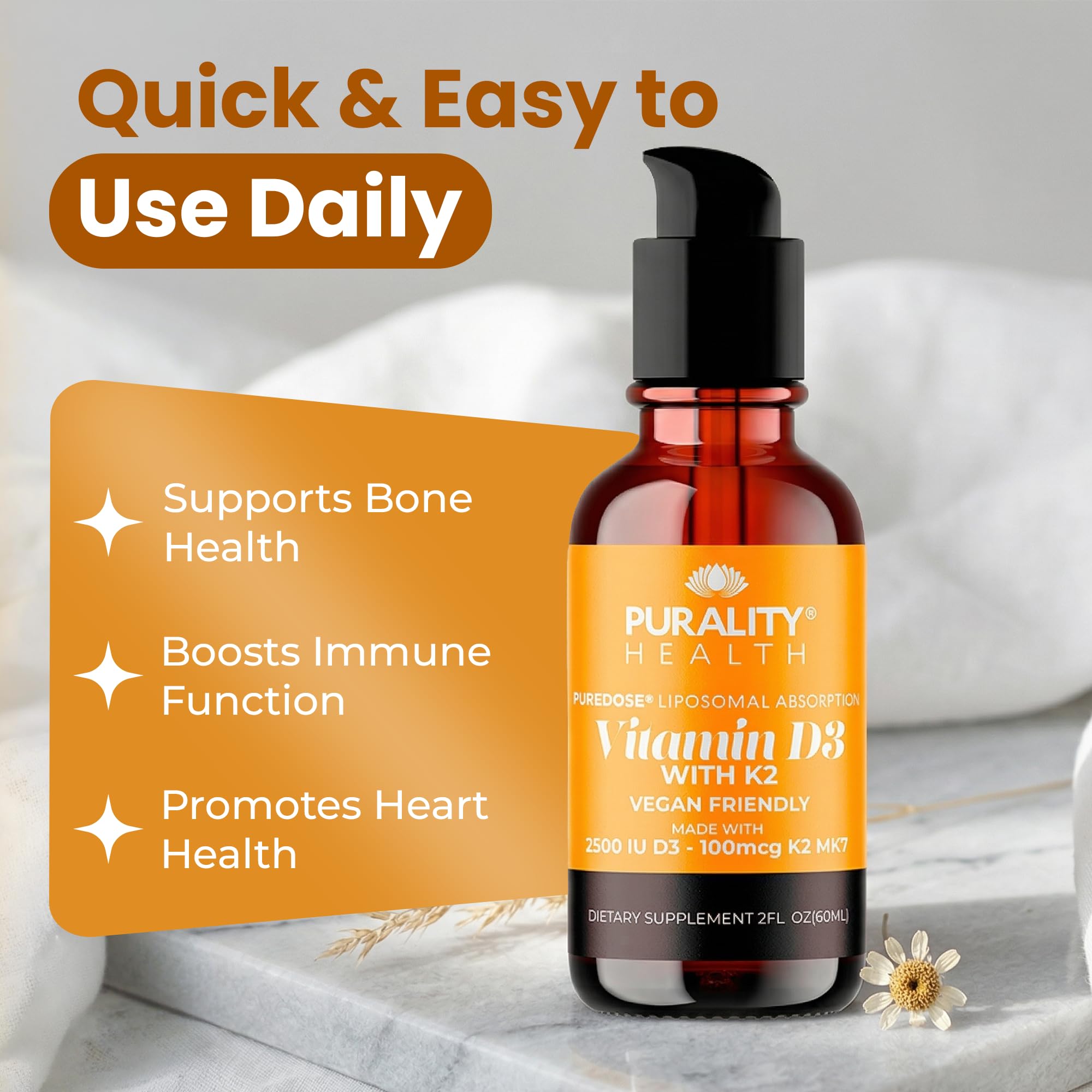 PURALITY HEALTH Vitamin D3 with K2 Liquid Supplement, Vegan, Micelle Liposomal Enhanced Absorption, Non-GMO, 30 Day Supply