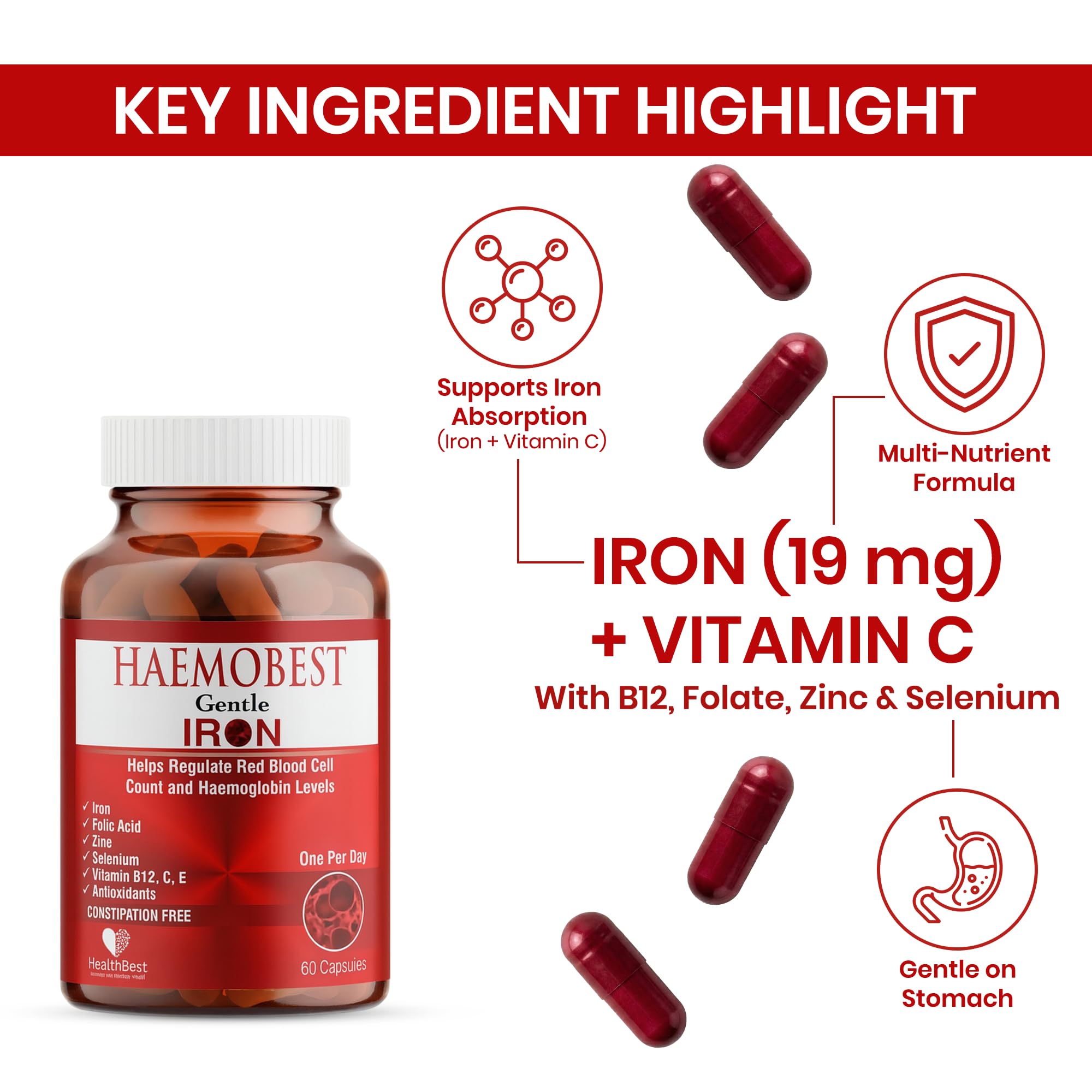HealthBest High Potency Gentle Iron Capsules 19mg |Slow Release Iron for Faster Absorption, Non-Constipating| Vitamin C, B12, Folate Zinc & Selenium for Anemia, Hemoglobin & Immune Support |60 Count