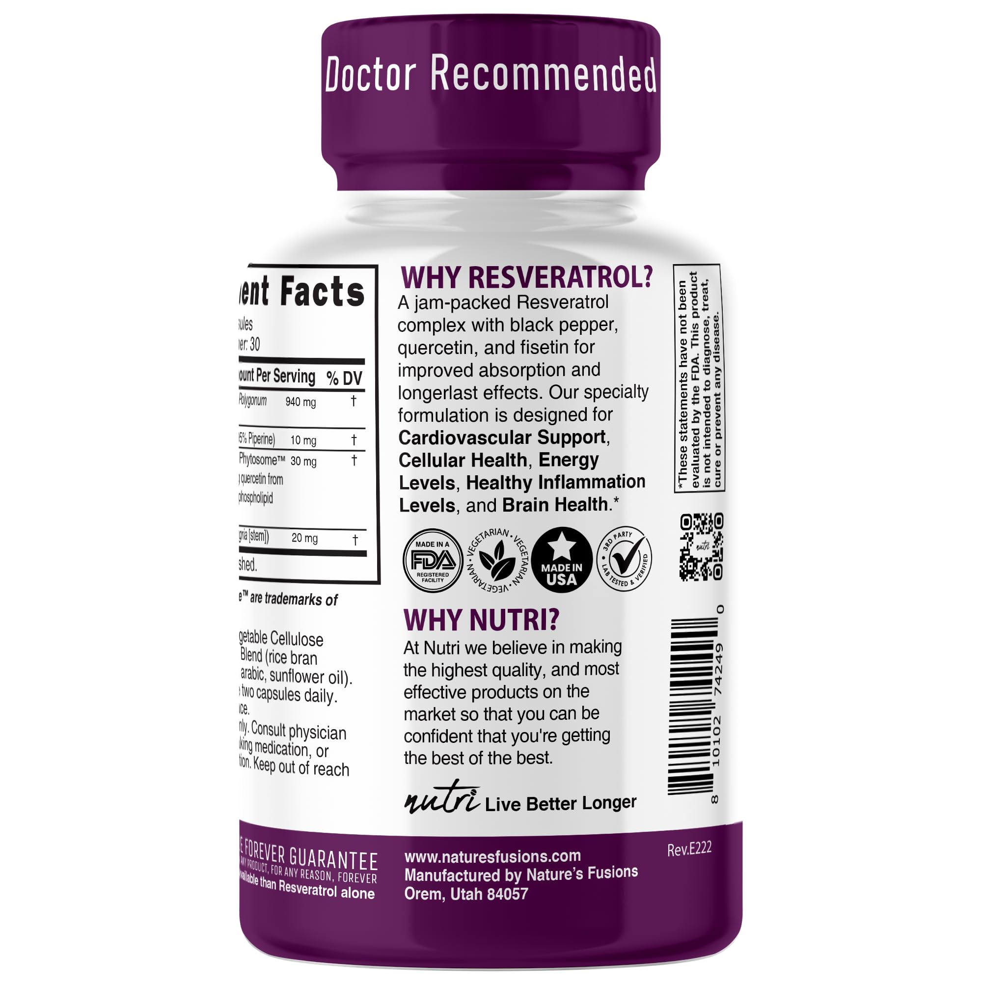 Nutri Resveratrol Supplement 1000mg Ultra High Purity Trans-Resveratrol - 15x More Bioavailable with Liposomal Quercetin and Fisetin - Antioxidant, Longevity, Organic Piperine - 60 Vegan Capsules