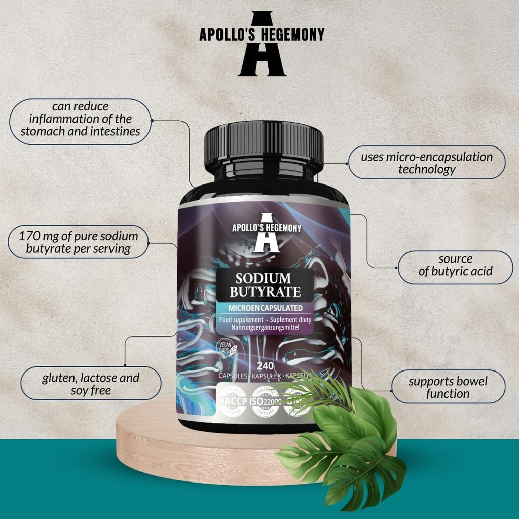 Sodium Butyrate High Dose 580 mg (30% Butyric Acid), 240 Vegan Capsules, 240 Days Supply, Sodium Supplement to Support Overal Gut Health - by Apollo's Hegemony