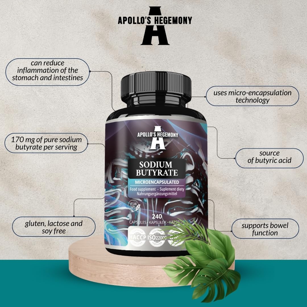 Sodium Butyrate High Dose 580 mg (30% Butyric Acid), 240 Vegan Capsules, 240 Days Supply, Sodium Supplement to Support Overal Gut Health - by Apollo's Hegemony