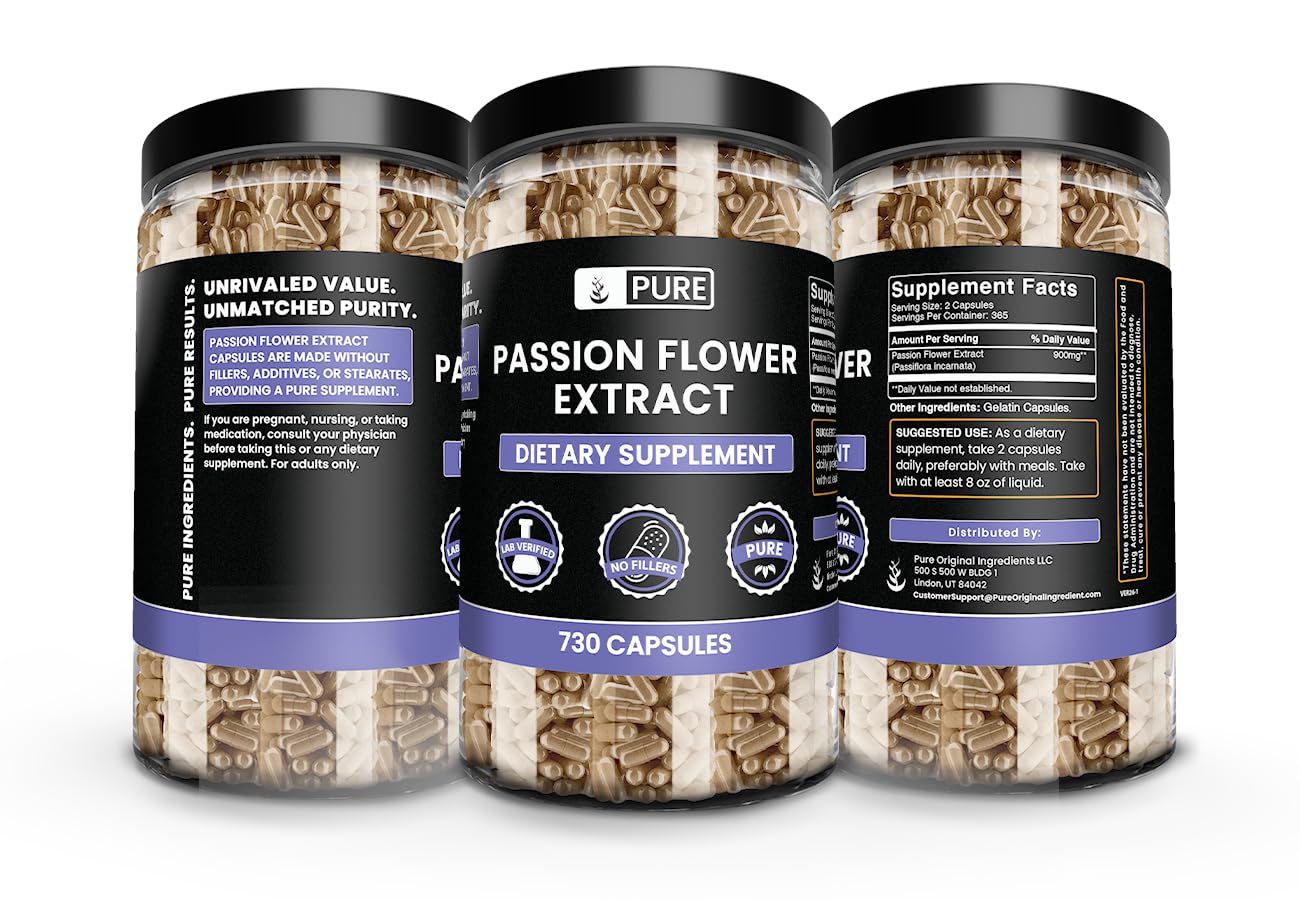 PURE ORIGINAL INGREDIENTS Passion Flower Extract (730 Capsules) No Magnesium Or Rice Fillers, Always Pure, Lab Verified