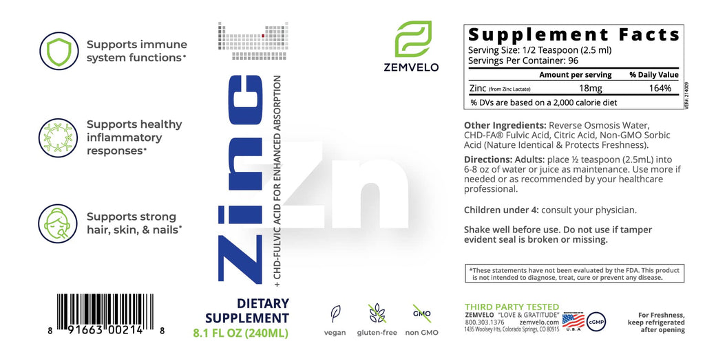 ZEMVELO Liquid Ionic Zinc Supplement – Supports Immune Health & Energy Production – Maintains Skin and Cellular Health – 3-Month Supply