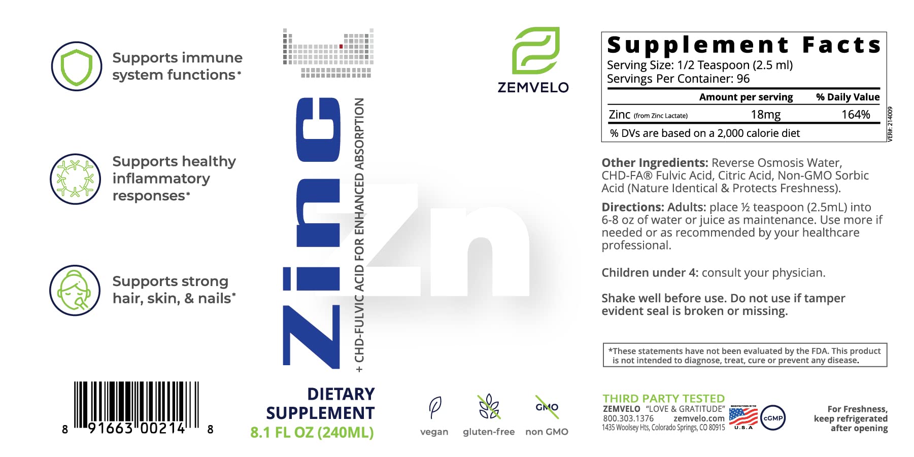 ZEMVELO Liquid Ionic Zinc Supplement – Supports Immune Health & Energy Production – Maintains Skin and Cellular Health – 3-Month Supply