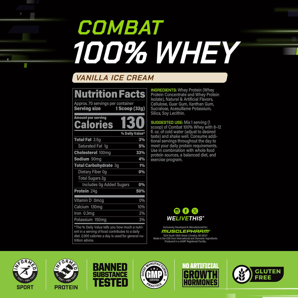 MusclePharm Combat 100% Whey Protein Powder, Vanilla Flavor, Fast Recovery & Muscle Gain with Whey Protein Isolate, High Protein Powder for Women & Men, Gluten Free, 5 lb, 70 Servings