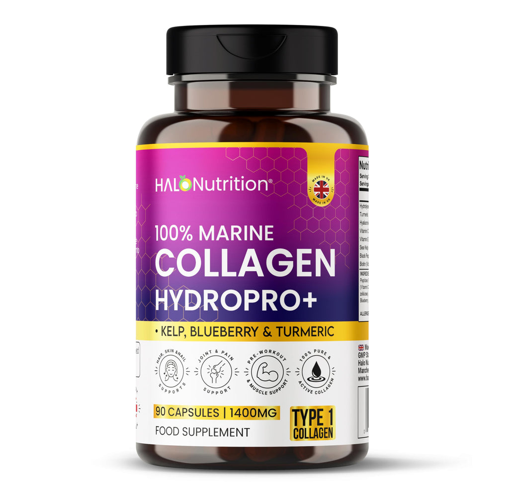 Halo Nutrition Pure Marine Collagen Capsules 1400mg | Halal Collagen Supplements for Women & Men Enhanced with Hyaluronic Acid, Vitamin C, Turmeric & Biotin Supports Hair, Skin, & Joint | 90 Capsules