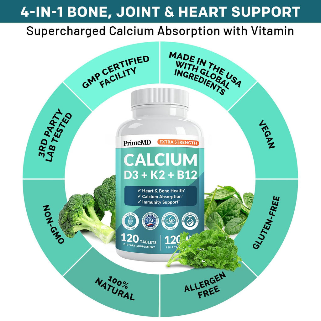 4-in-1 Calcium 1200 mg with Vitamin D3 K2 - Extra Strength Calcium Supplements for Women & Men with D3 K2 Vitamin 5000 IU - Everyday Vitality Supplement - Vegan-Friendly, Gluten-Free, Non-GMO (120ct)