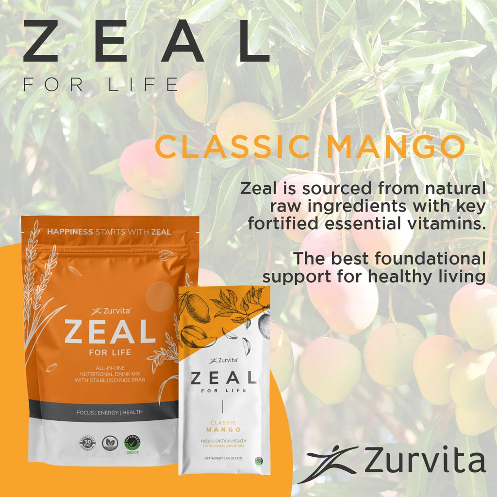 Zurvita - Zeal for Life Wellness Drink Mix - Classic Mango Flavor - Gluten-Free, Vegan, with Biotin, Vitamins and Minerals for Health - 10 Packets