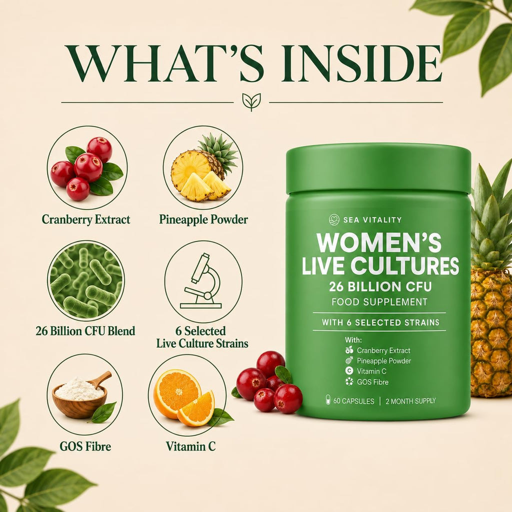 Women's Live Cultures Food Supplement - 26 Billion CFU, 6 Selected Strains with Cranberry Extract, Pineapple Powder, GOS & Vitamin C - 60 Capsules, 1-a-Day Formula for Women, 60 Day Supply