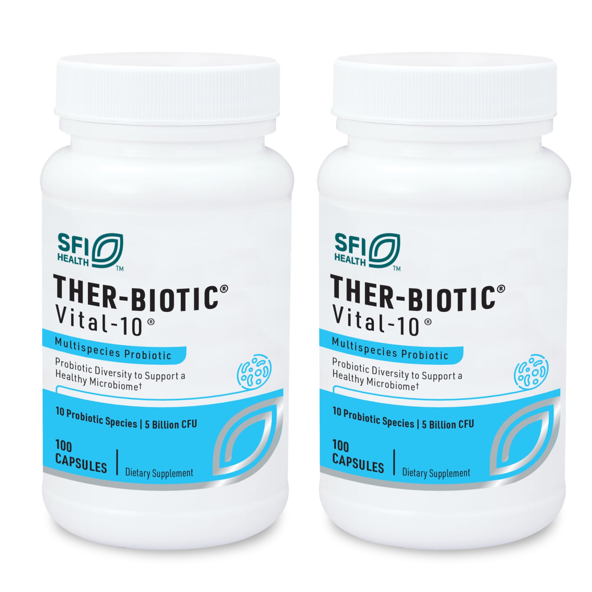 Klaire Labs SFI Health Vital-10 Probiotic - Immune & Digestive Support Supplement 5 Billion CFU 10 Species with Lactobacillus, Bifidobacterium & Streptococcus, Dairy-Free (100 Capsules, 2 Pack)