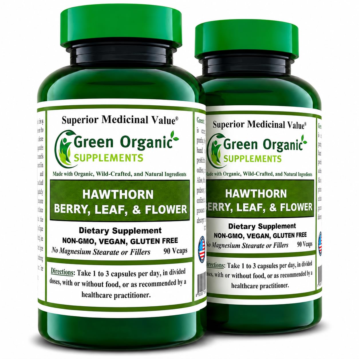 Green Organic Supplements Hawthorn Berry Capsules, Leaf, Flower, Hawthorn Supplements Contains 90 Capsules, Natural Hawthorn Herbs for Cardiovascular Health & Natural Heart Care (Pack of 2)