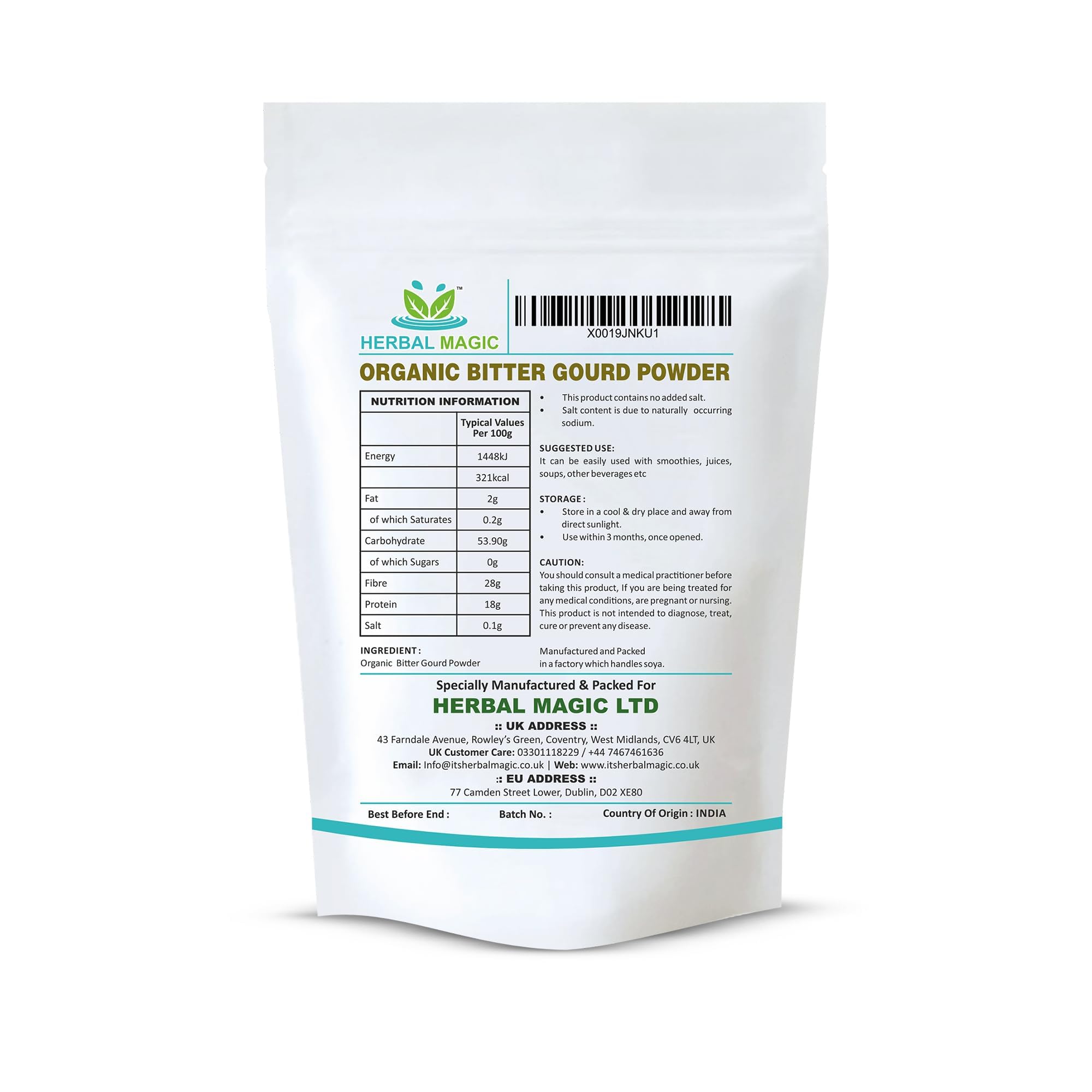Herbal Magic's Organic Bitter Gourd Powder-Great Green Vegetable-Also Known as Karela, Bitter Melon,Balsam-pear. Free from Fillers & Preservatives- of&G UK Organic Certified- 100g (Pack of 3)