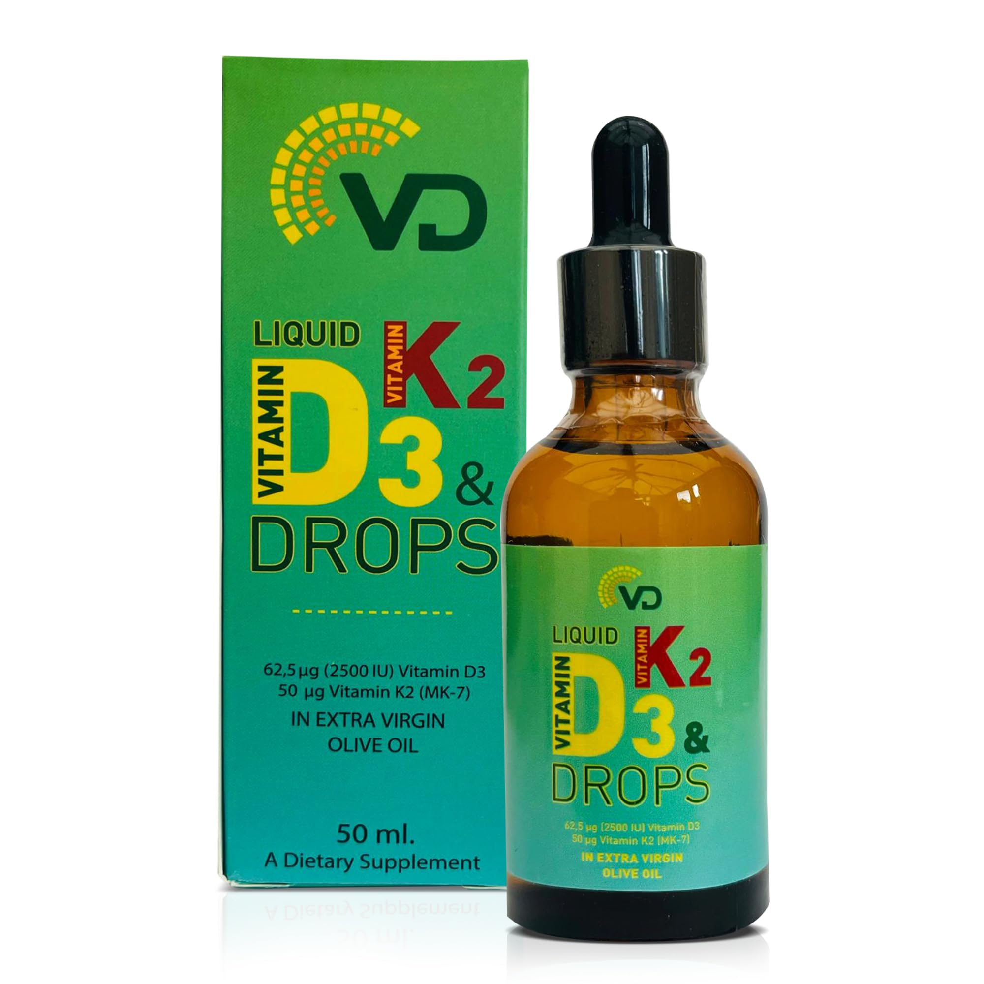 VD Liquid Vitamin D3 2500 IU & K2 MK-7 50 UG (50ml)-Optimal Absorption, High Strength, Vitamin Liquid Drops for Bones, Teeth, Muscle Function & Immune System Booster, Gluten Free, Vegan & Unflavoured