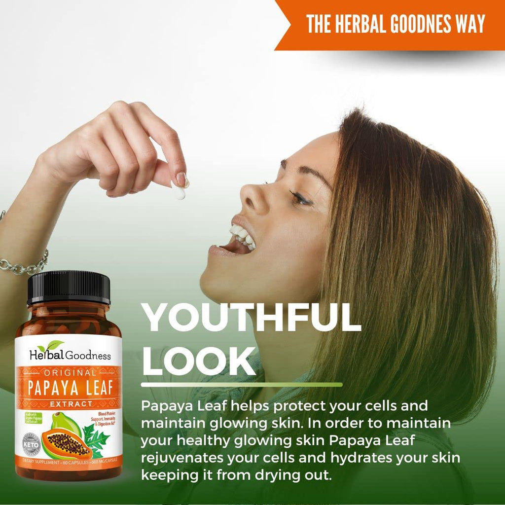 Herbal Goodness Papaya Leaf Extract Digestive Enzymes - 10X Strength 60/600mg Veg Capsules- Blood Platelet, Bone Marrow & Spleen Support, Immune Gut & Super Digestive Health - Made in USA