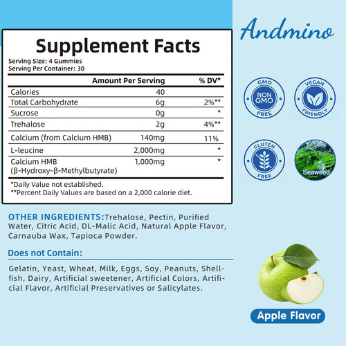 andmino HMB and L-Leucine Gummies, 3000mg, with Trehalose, for Muscle Growth, Muscle Relief and Workout Recovery, for Adults & Elder, Non-GMO, Vegan, Gluten Free, Apple Flavor, 120
