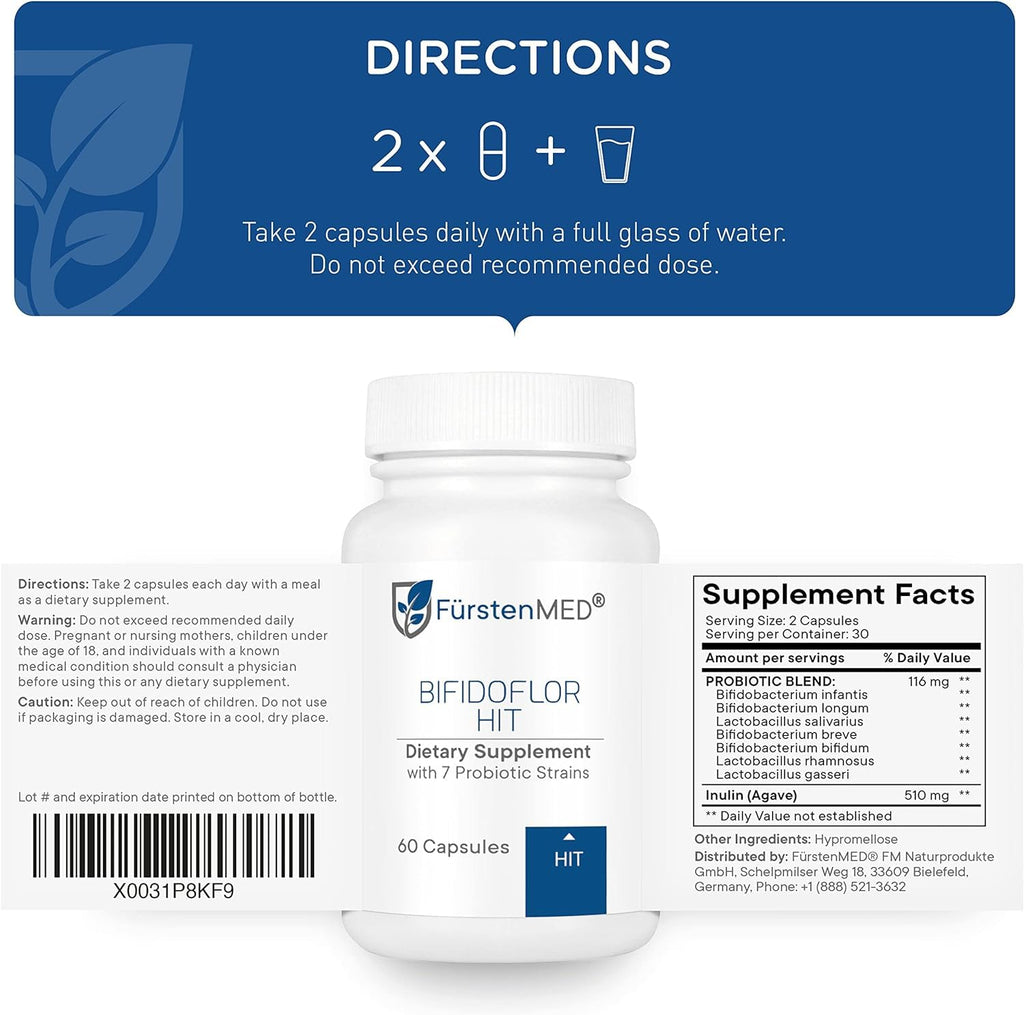 FürstenMED Bifidoflor HIT – Low Histamine Probiotic for Histamine Intolerance, Sensitive Gut & Digestive Health, 7-Strain Lactobacillus & Bifidobacterium, 15.6B CFU, Vegan, 60 Delayed-Release Capsules