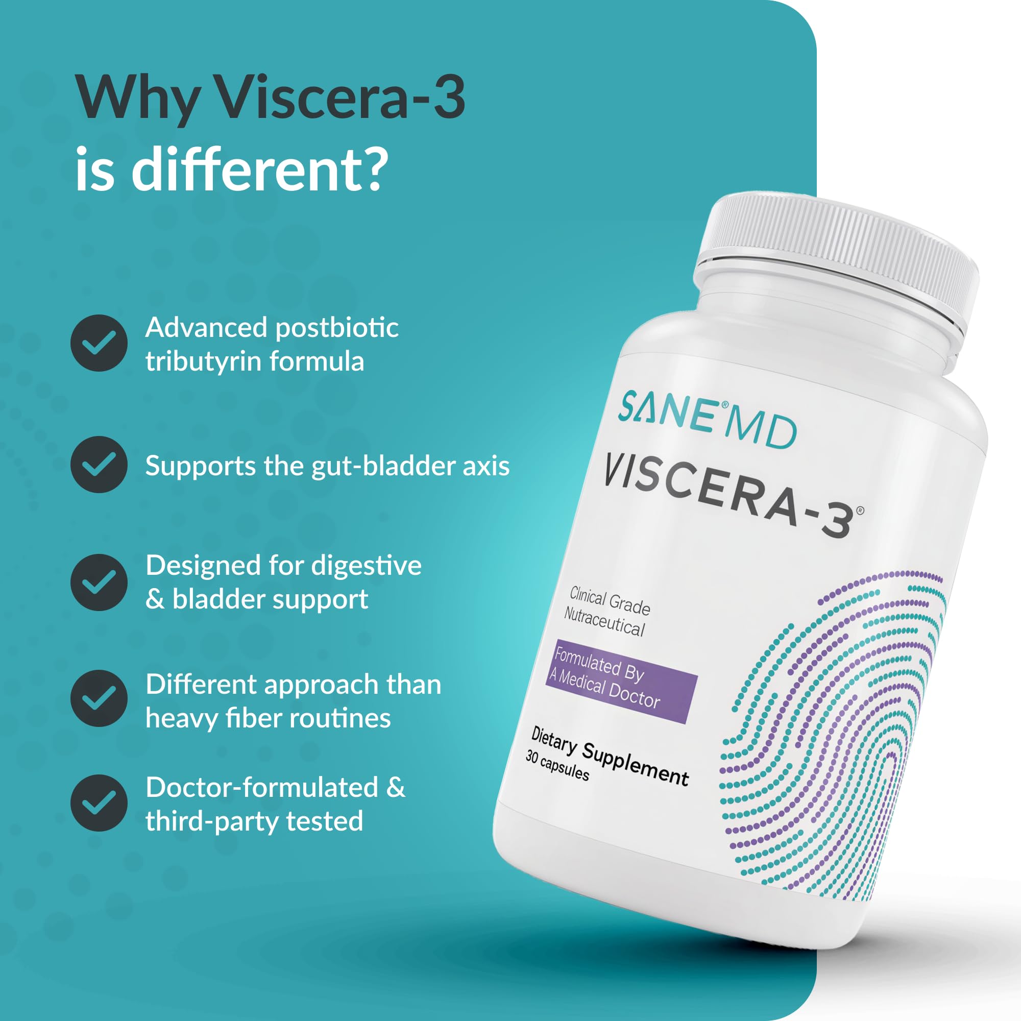 SANE MD Viscera-3 Gut Health Supplement, CoreBiome Formula, 30 Capsules