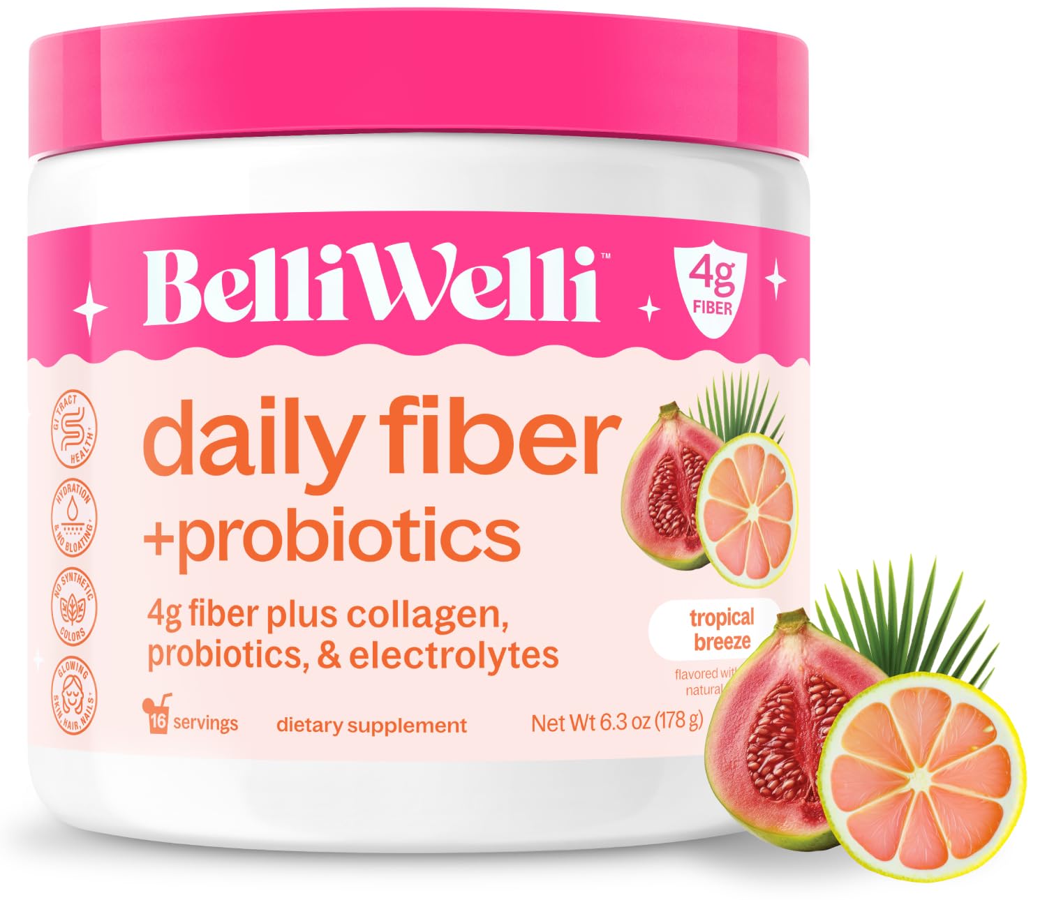 Belli Welli Fiber Supplement for Women & Men – Premium Daily Fiber Powder from Organic Acacia with Added Collagen, Electrolytes & Probiotics – No Bloat, Constipation & Gut Health Support (Tropical)