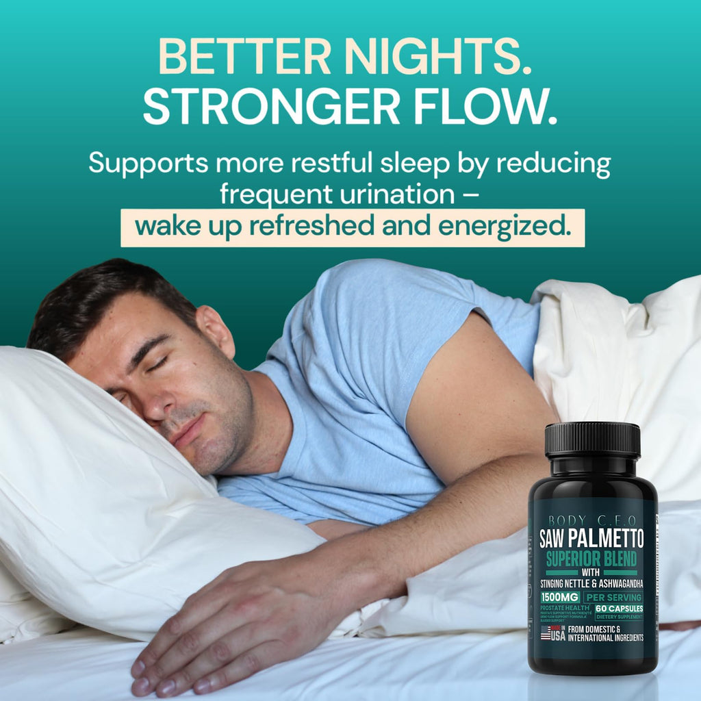 Body C.E.O. Saw Palmetto for Men 1500mg Supplement - Prostate Health & Urinary Flow Support - Ashwagandha, Lycopene & Pumpkin Seed - Third Party Tested, USA Made, Vegan & Cruelty Free - 60 Capsules