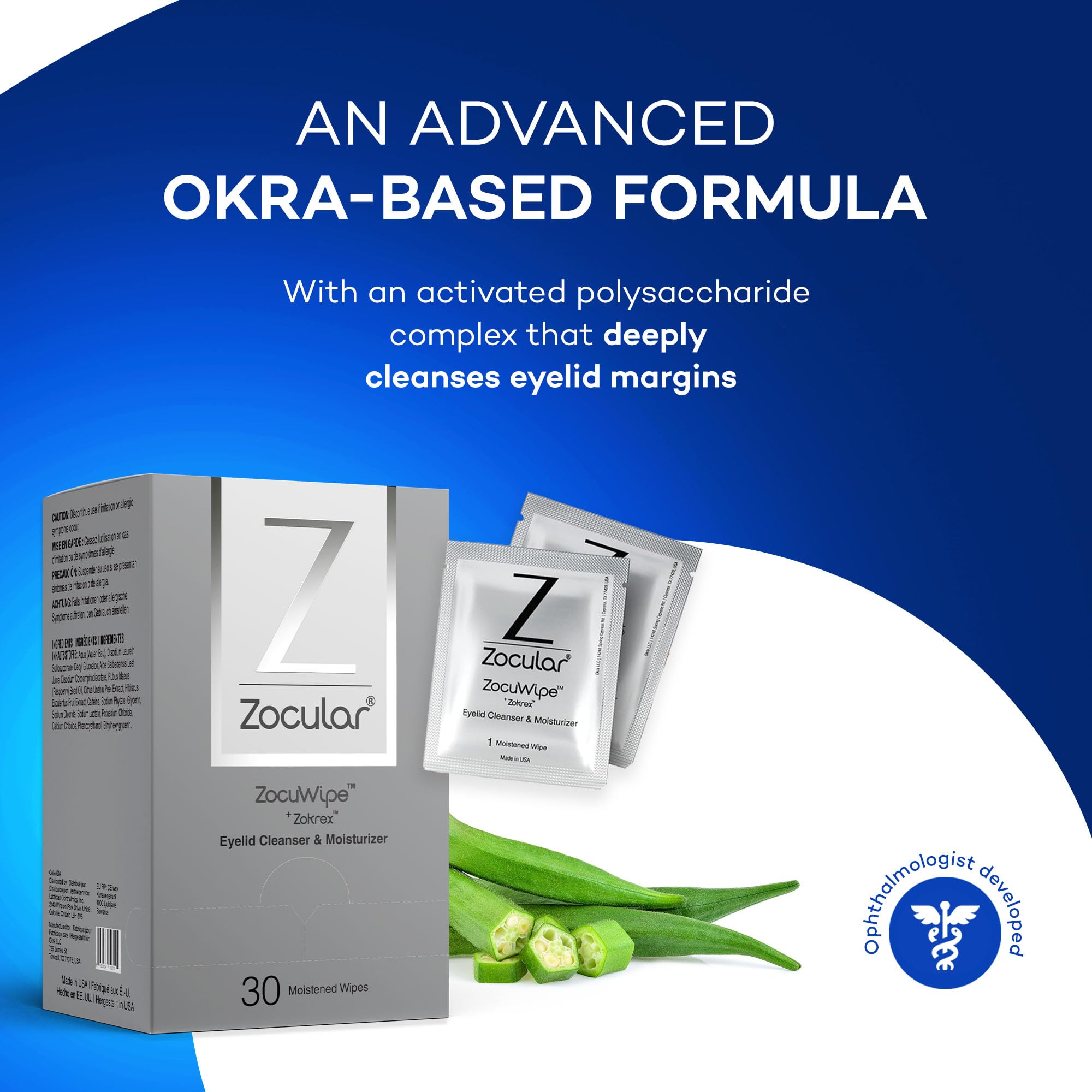 Zocular Zocuwipe Eyelid Wipes with Natural Okra Complex – Gentle Eyelid Cleansing & Moisturizing Pads – 40 Count