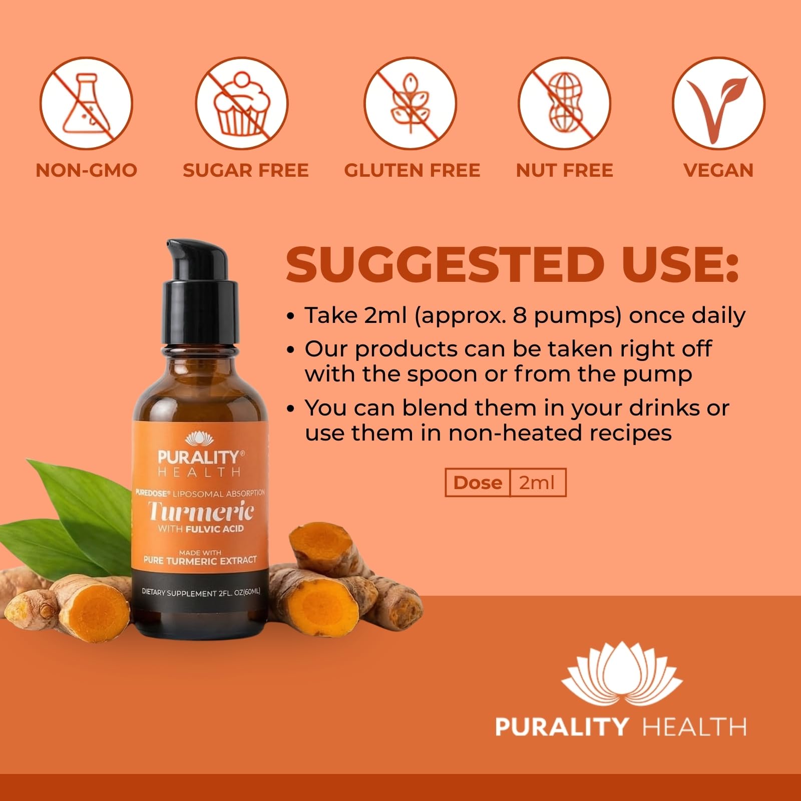 PURALITY HEALTH Liquid Turmeric with Fulvic Acid, Liposomal Enhanced Absorption, 2fl. oz (60ml) Vegan Formula Supports Joint Health & Daily Wellness, Easy-to-Use Pump - 30 Servings