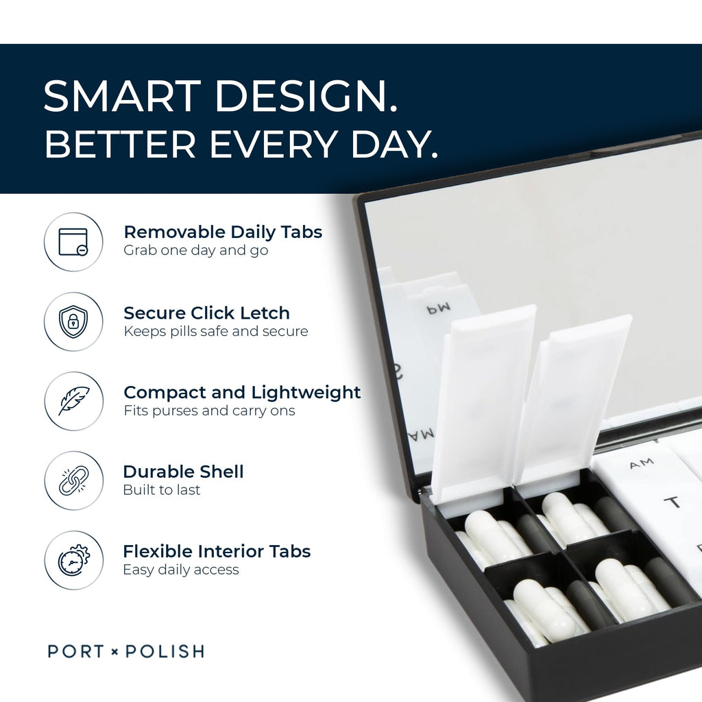 PORT X POLISH Designer Weekly Pill Box Organizer (AM/PM 2X Daily, Classic Black) | Compact, Stylish 7-Day Vitamin Supplement Case | Cute Portable Mini Travel Medicine Carrier | BPA-Free Pillbox Caddy