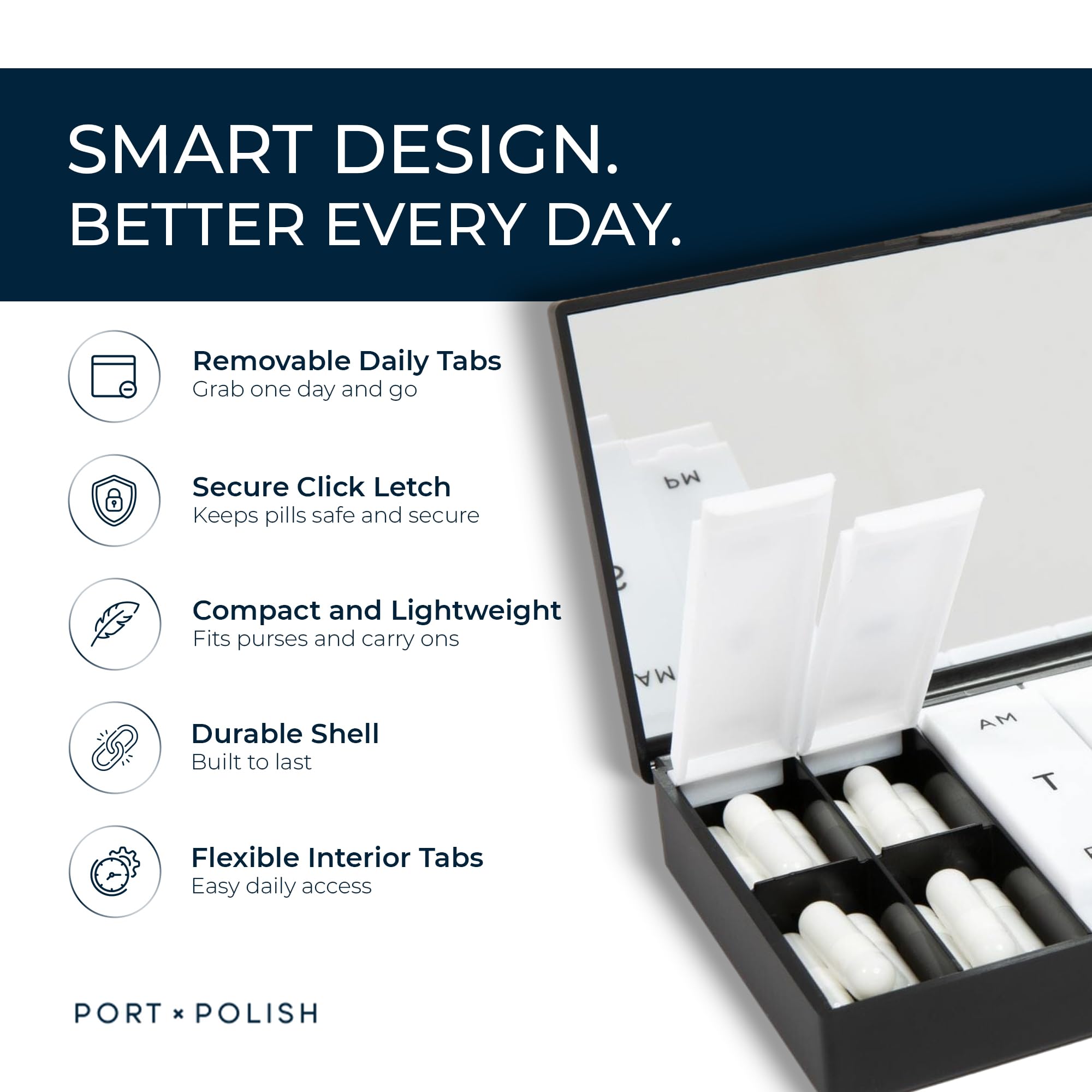 PORT X POLISH Designer Weekly Pill Box Organizer (AM/PM 2X Daily, Classic Black) | Compact, Stylish 7-Day Vitamin Supplement Case | Cute Portable Mini Travel Medicine Carrier | BPA-Free Pillbox Caddy