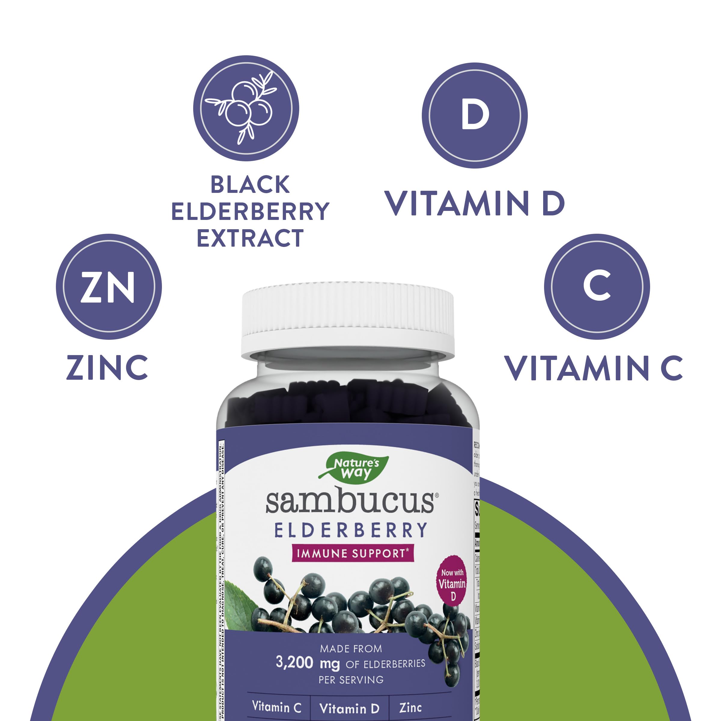 Nature's Way Sambucus Elderberry Gummies - Immune Support Supplement for Kids & Adults* - With Vitamins C, D3, Zinc & Antioxidant Support* - Gluten Free & Vegetarian - 100 Gummies