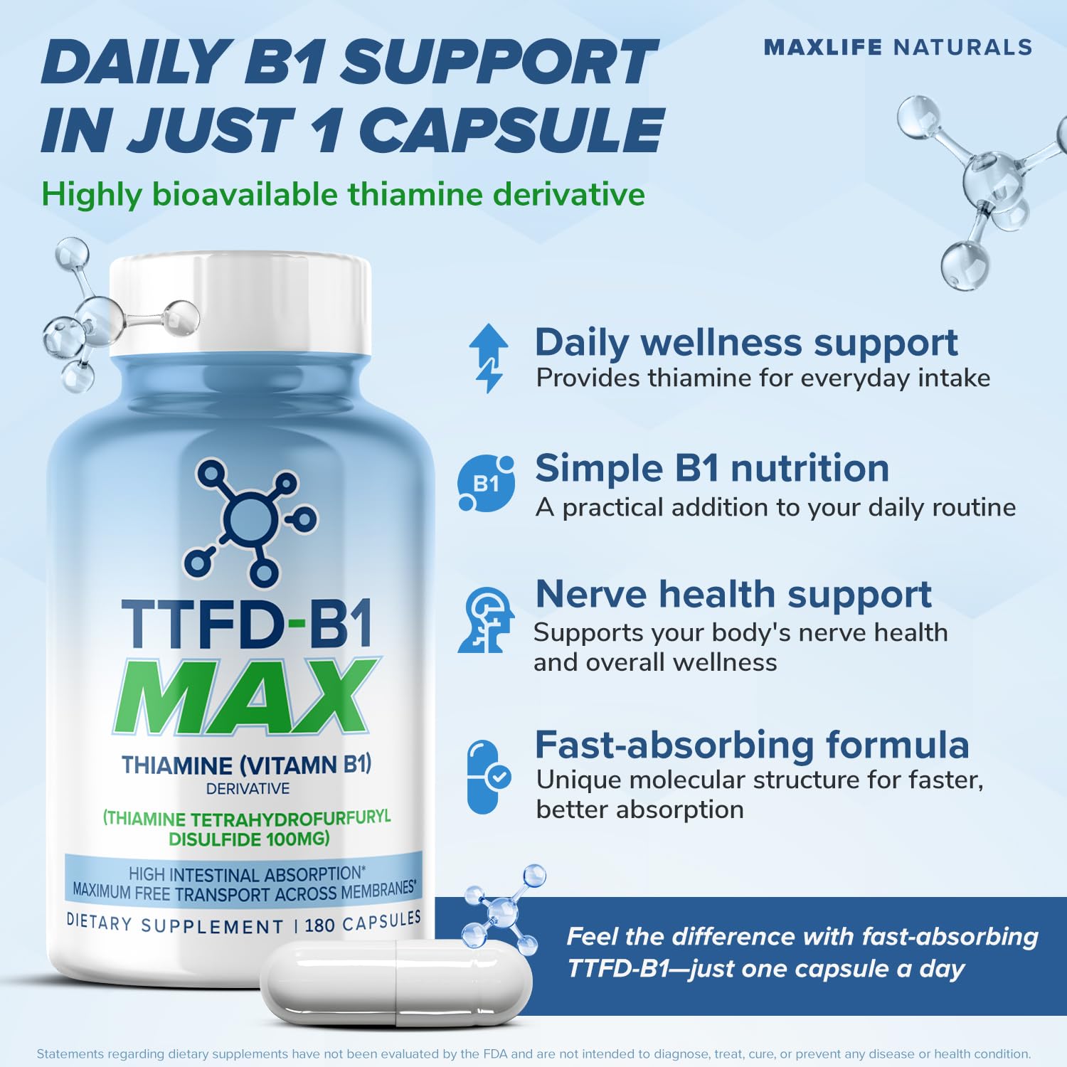 MAXLIFE NATURALS TTFD Thiamine B1 Supplement – 60 Capsules, High Potency Vitamin B1 Thiamine Supplement for Focus, Supports Optimal Nerve Function, TTFD-B1 Max Formula with Magnesium, Made in USA