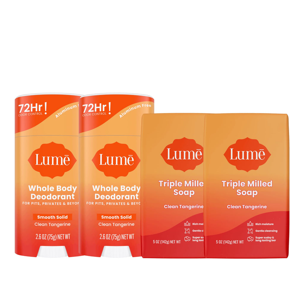 Lume Whole Body Deodorant And Soap - 2.6 Ounce Solid Stick With 72 Hour Odor Control (Pack of 2) and 5 Ounce Triple Milled Soap (Pack of 2) - Aluminum and Baking Soda Free (Clean Tangerine)