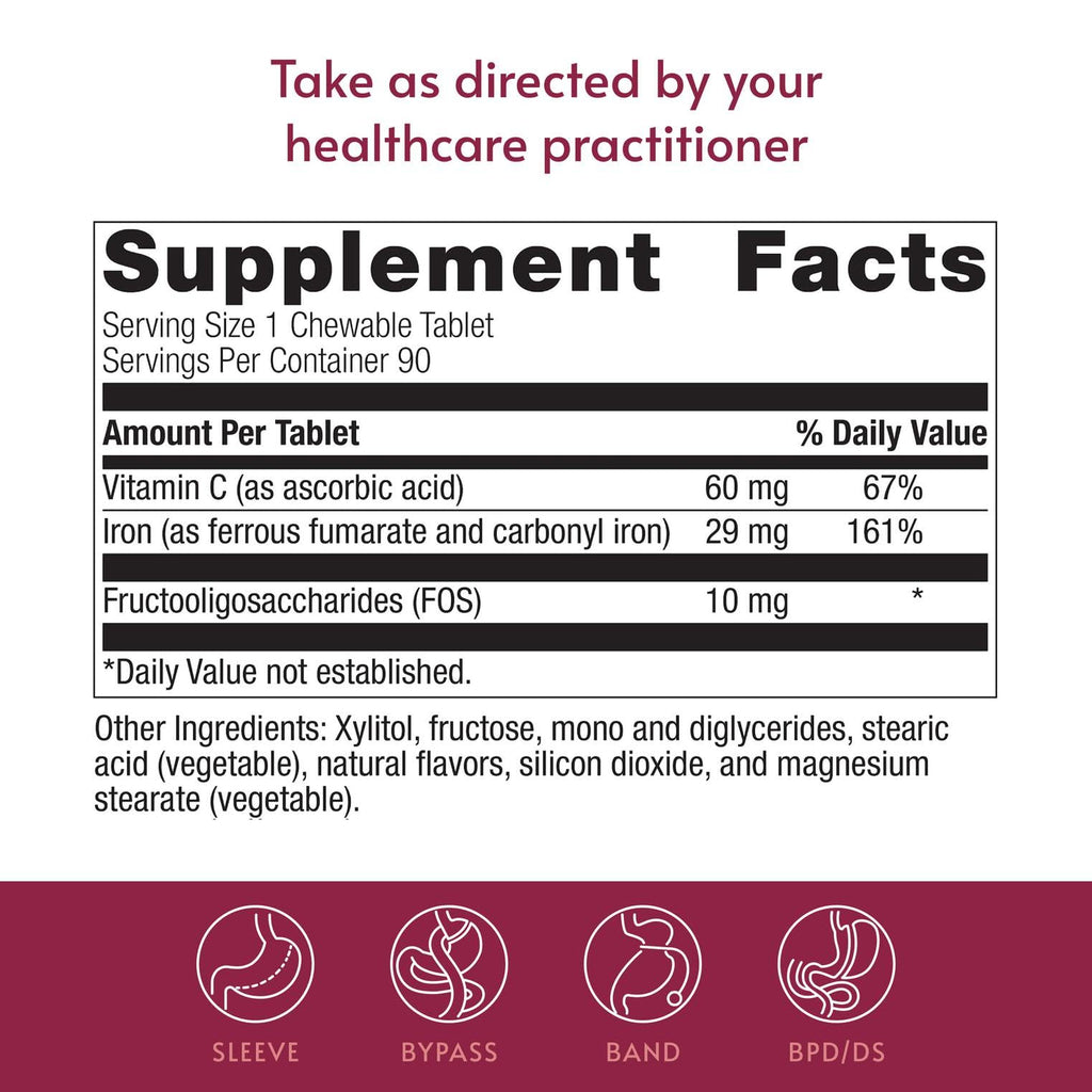 Bariatric Advantage Chewable Iron 29 mg - for Bariatric Surgery Patients - Iron with Vitamin C - No Iron Taste - Ferrous Fumarate & Carbonyl Iron Supplement - Passion Fruit - 90 Count