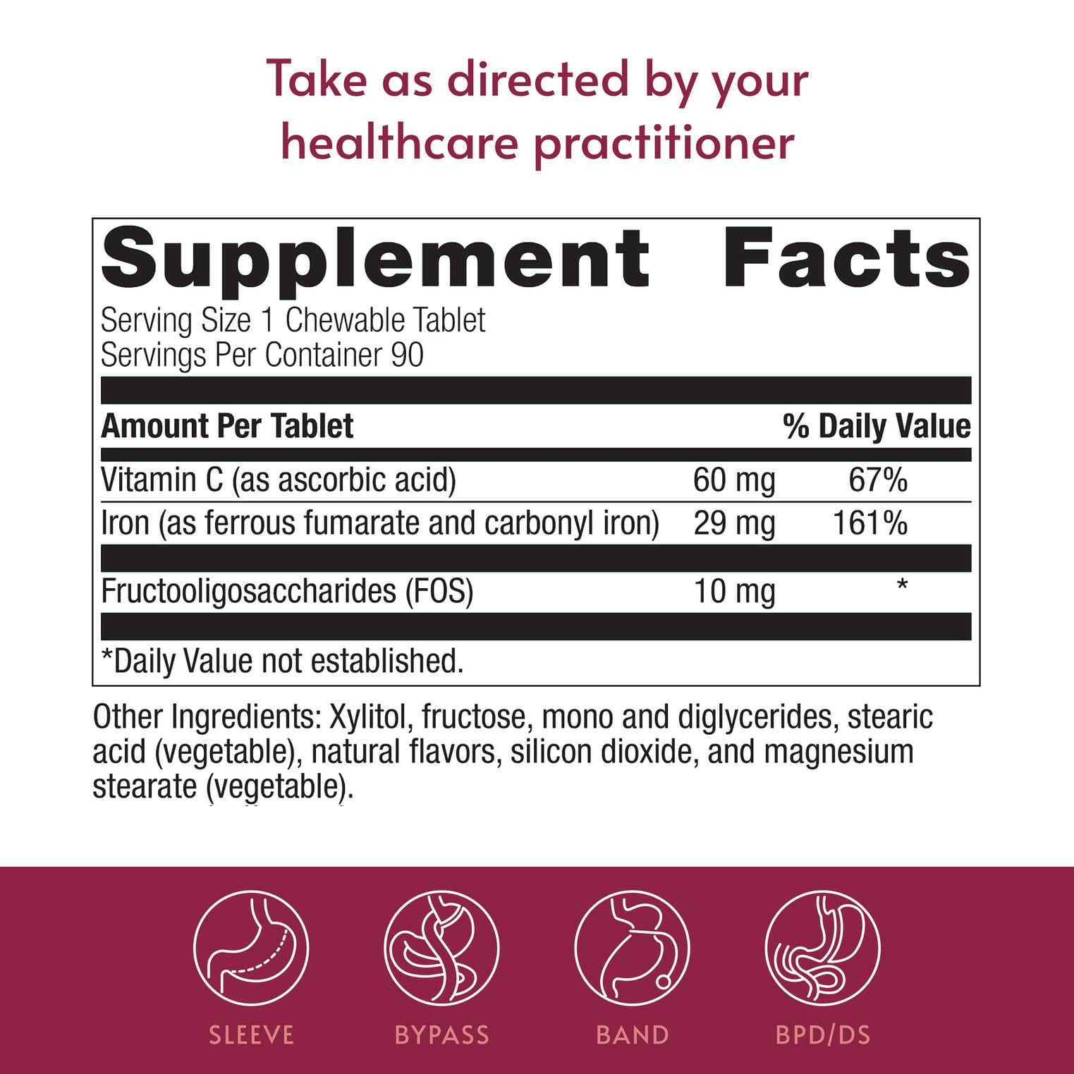 Bariatric Advantage Chewable Iron 29 mg - for Bariatric Surgery Patients - Iron with Vitamin C - No Iron Taste - Ferrous Fumarate & Carbonyl Iron Supplement - Passion Fruit - 90 Count
