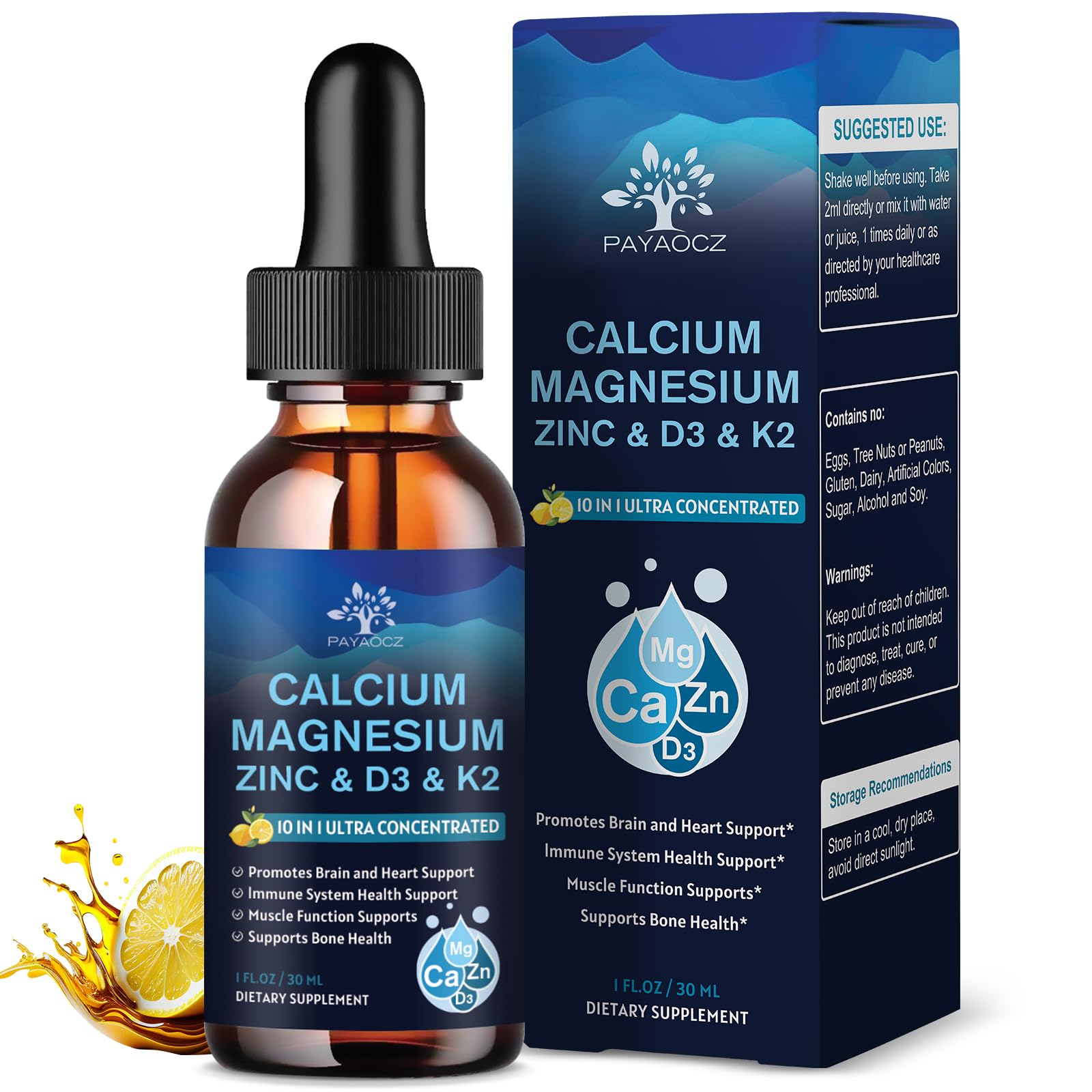 (4 Pack) 10 in 1 Calcium Magnesium Zinc Supplement, Magnesium Glycinate Complex Liquid Drops with Vitamin D3 K2 B6, Vegan Calcium Citrate Bone & Immune Health Support, Sleep & Cramps, Boron, 1 Fl Oz