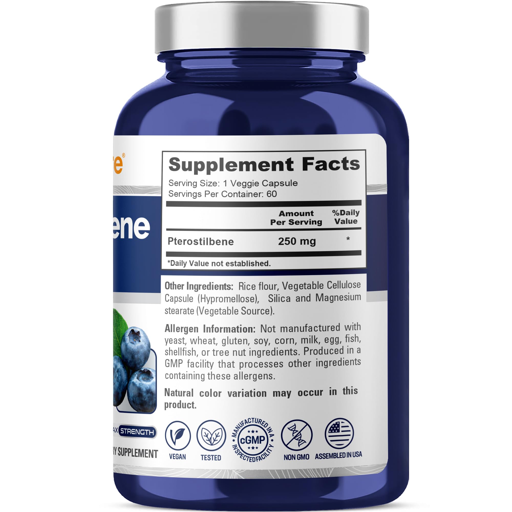 NusaPure Pterostilbene - Suitable for Vegetarian/Vegan, Non- GMO - 250mg - 60 Capsules