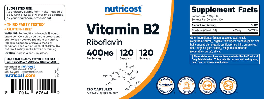 Nutricost Vitamin B2 (Riboflavin) 400mg, 120 Capsules (2 Bottles)
