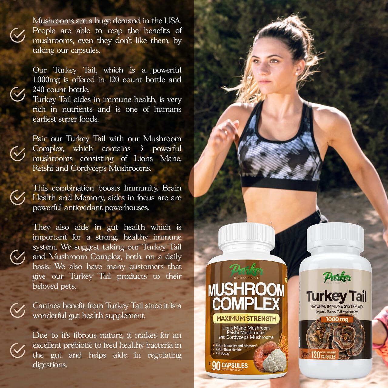 Parker Naturals Turkey Tail Mushroom Capsules - Organic Mushroom Supplement for Immune System Health Support - 1000 mg Premium Mushroom Supplements - 120 Capsules