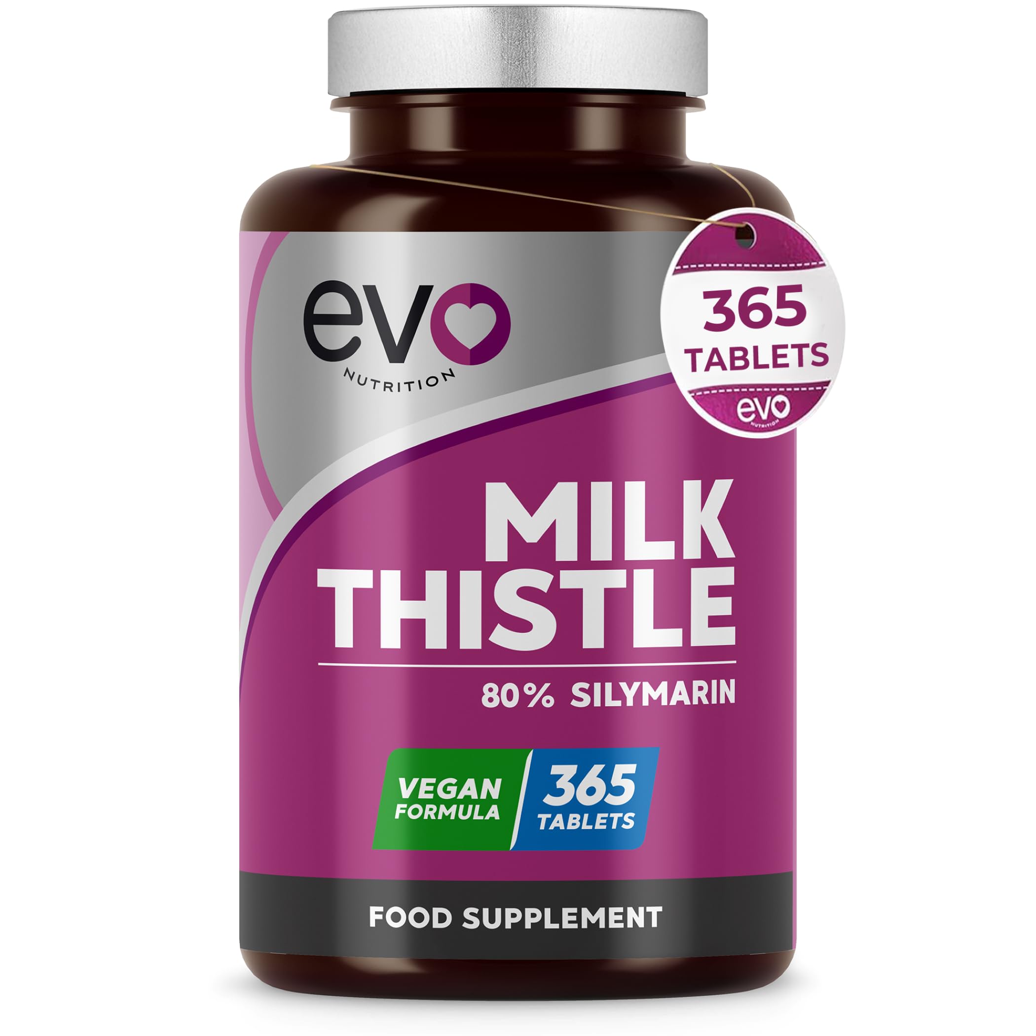 EVO Nutrition Milk Thistle, 80% Silymarin, 365 Vegan Tablets
