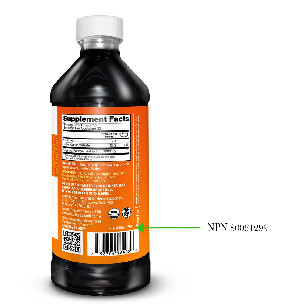 Herbal Goodness Papaya Leaf Extract Platelet Support - 15X Blood Platelet Boost, Bone Marrow & Spleen Support, Immune & Gut Health, Digestive Enzyme - Organic Kosher 16 oz Liquid Extract