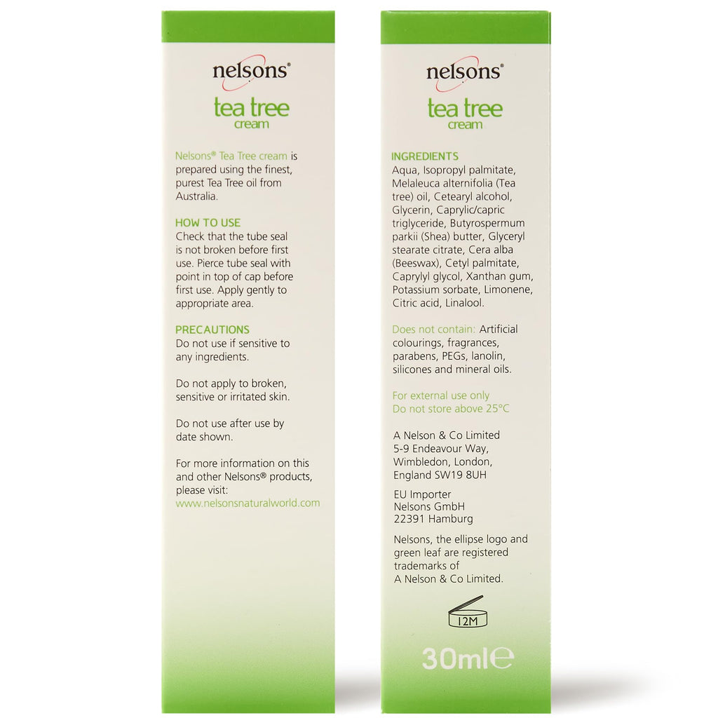 Nelsons Tea Tree Cream (30ml), Natural Face & Body Cream with Australian Tea Tree Oil for Skin, Widely Considered A Natural Antiseptic and Antifungal, Fragrance Free, Paraben Free