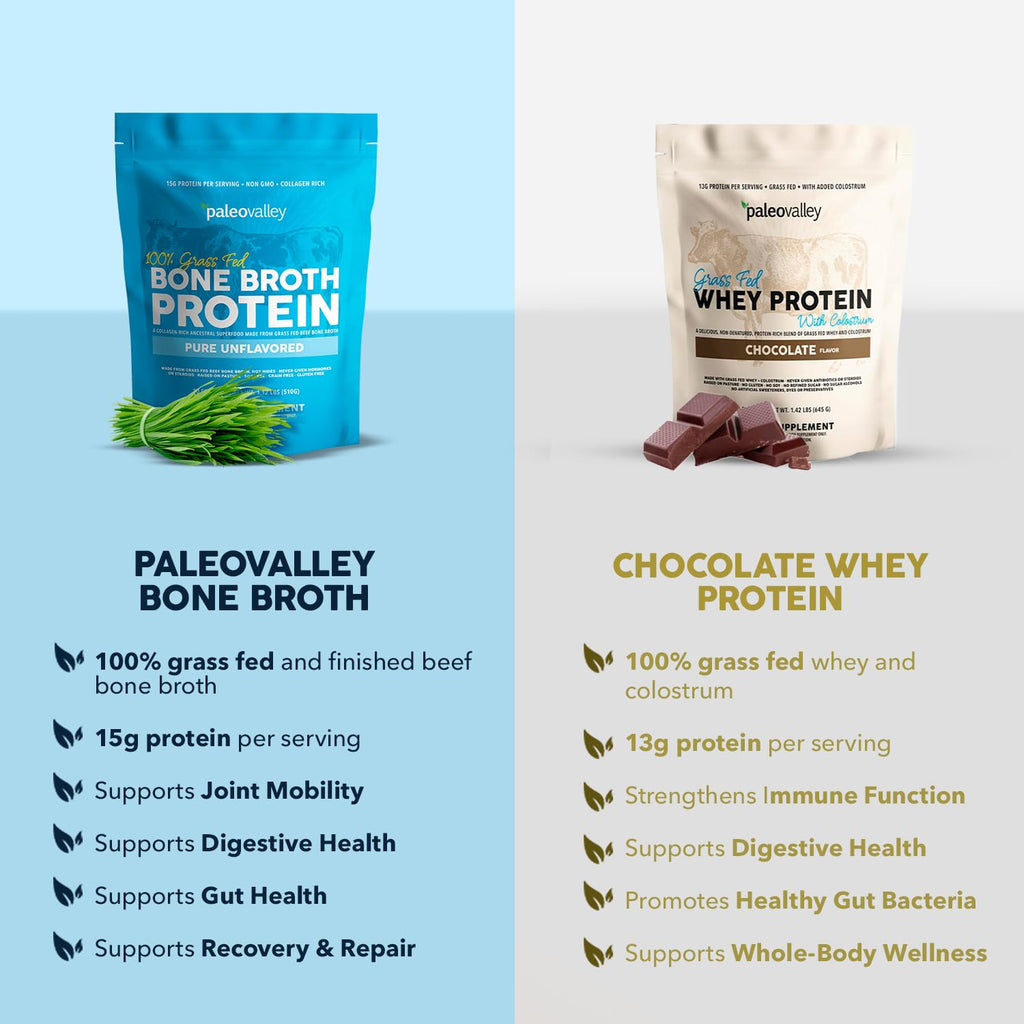 Paleovalley 100% Grass Fed Beef Bone Broth Protein Powder - Rich in Collagen Peptides for Hair, Skin, Gut Health, Bone and Joint Support - 15g Protein Per Serving - No Gluten or GMOs