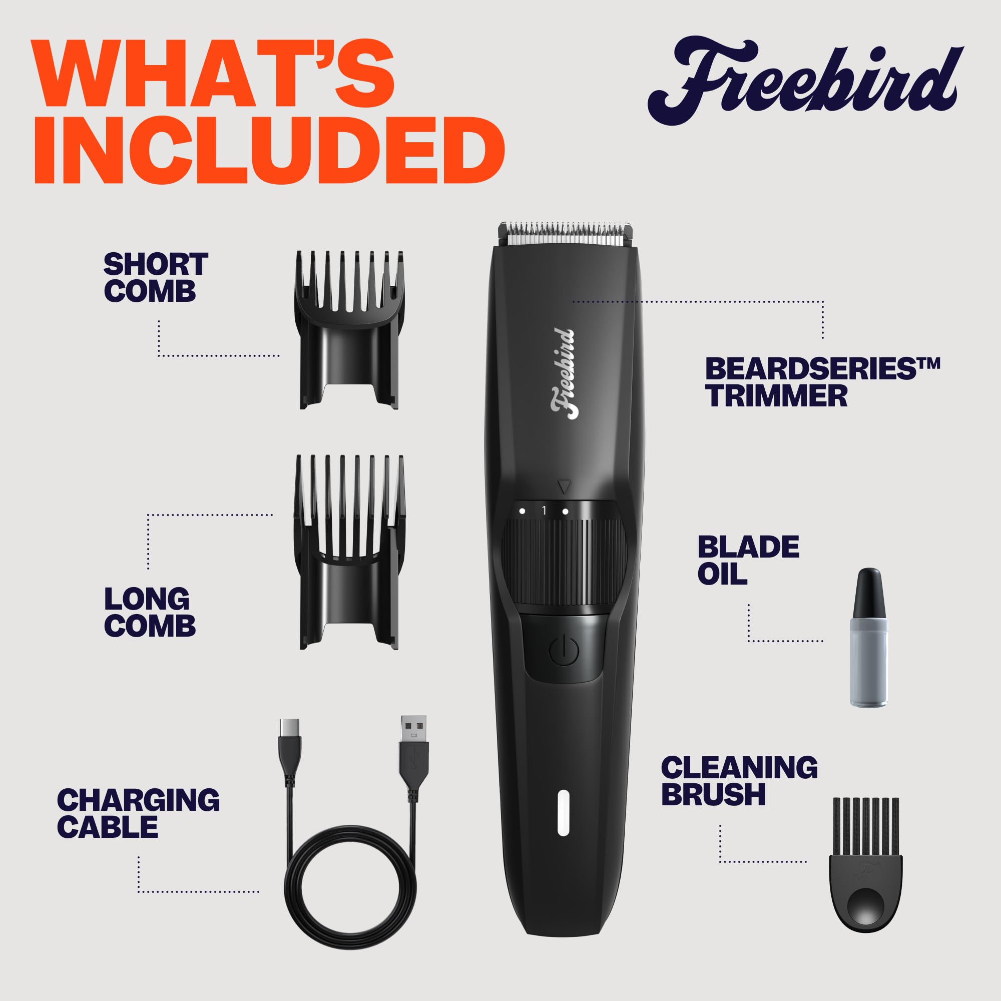 Freebird BeardSeries Trimmer for Men - Ultra Sharp Beard Trimmer with Precision Dial, Stainless Steel Blades, 40 Length Settings, Cordless & Rechargeable, for Beard, Hair, Body, & Intimate Grooming