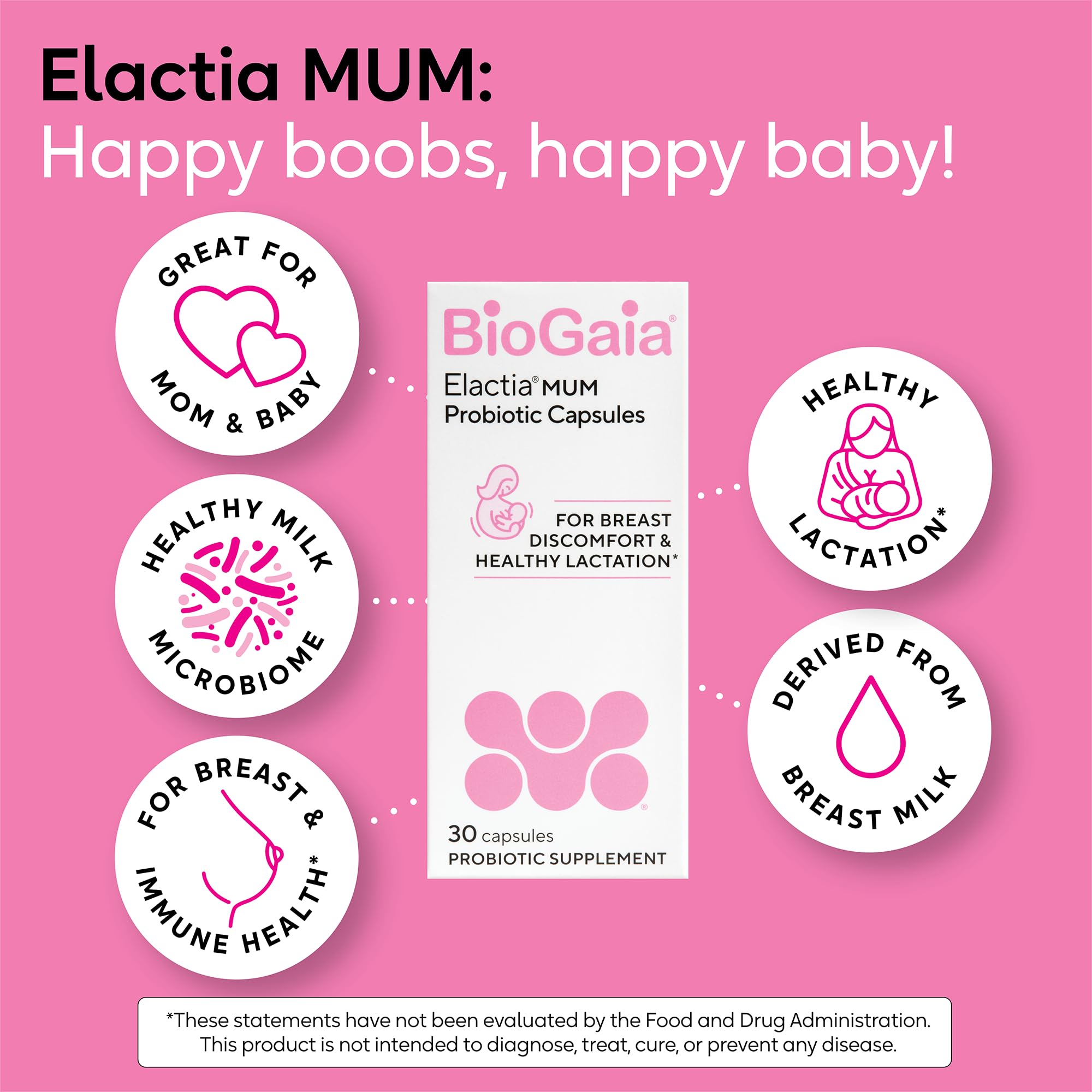 BioGaia Elactia Breastfeeding Probiotic | Lactation Supplements | Newborn Essentials and Probiotics for Both Mom & Baby | Daily Supplement for Healthy Lactation | 30 Count | Breastfeed Happy